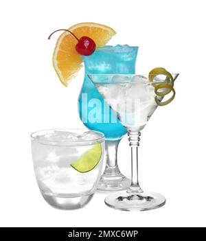 Set of refreshing alcoholic drinks on white background Stock Photo