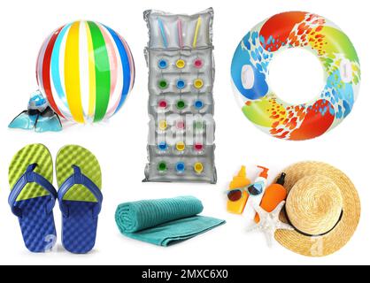 Set of different stylish beach objects on white background Stock Photo