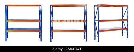 Set with empty shelving units on white background, banner design Stock Photo