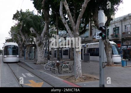 The Tel Aviv Light Rail commonly known as the DanKal moves along Jerusalem Boulevard, in the city of Jaffa Israel Stock Photo