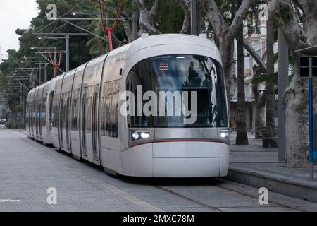 The Tel Aviv Light Rail commonly known as the DanKal moves along Jerusalem Boulevard, in the city of Jaffa Israel Stock Photo