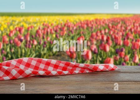 Picnic wooden table with checkered red napkin and beautiful tulips on background Stock Photo