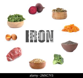 Set with fresh products rich in iron on white background Stock Photo