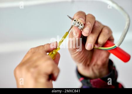 Electrician fixes wire in connection block with screwdriver. Stock Photo