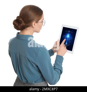 Female engineer working with 3d model of modern equipment on tablet against white background Stock Photo