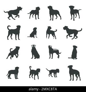 Rottweiler dog silhouettes, Rottweiler dog silhouette set. Stock Vector