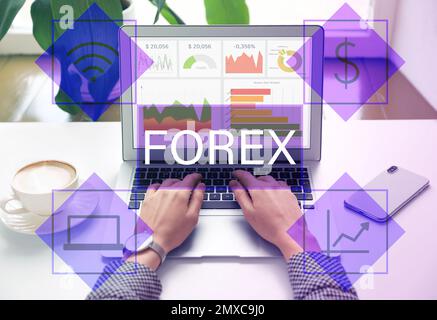 Woman working with laptop at table indoors, closeup. Forex trading Stock Photo