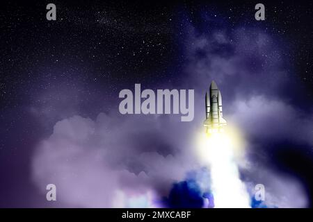 Launched rocket in flight, night starry sky background. Space mission Stock Photo