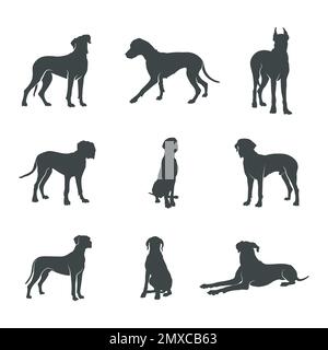 Great dane dog silhouettes, Great dane dog silhouette set Stock Vector