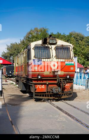 Indian toy train diesel locomotive engine at Kalka railway station during the day time, Kalka Shimla toy train diesel locomotive engine Stock Photo