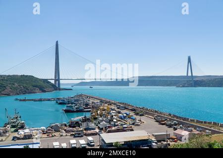 Construction of Yavuz Sultan Selim Bridge can bee seen from Poyrazkoy shore, the right-hand pillar of the third Bosporus bridge is located here (2017) Stock Photo