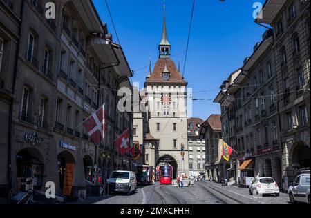 BERN, SWITZERLAND, JUNE 23, 2022 - Kafigturm clock tower in the center city of Bern, Switzerland Stock Photo