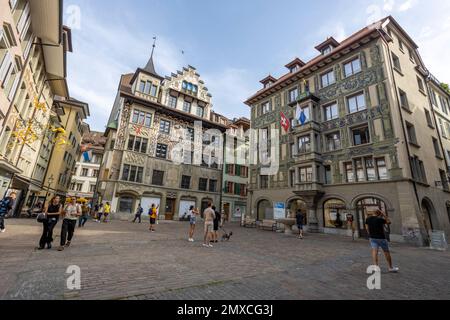 LUCERNE, SWITZERLAND, JUNE 21, 2022 - View of Rossli Street (Rössligasse) in the center city of Lucerne, Switzerland Stock Photo