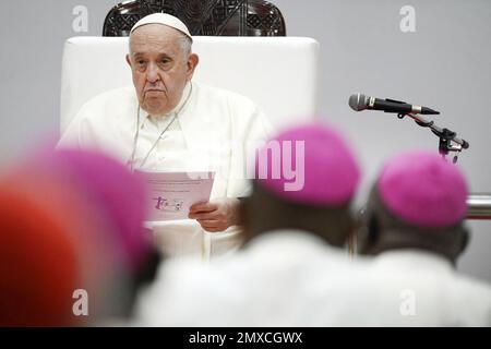 Republic of Congo. 03/02/2023, Pope Francis meets with the country’s Bishops at the headquarters of the National Bishops’ Conference (CENCO) in Kinshasa on February 3, 2023, fourth day of his visit to the Democratic Republic of Congo. Photo by (EV) Vatican Media/ ABACAPRESS.COM Stock Photo