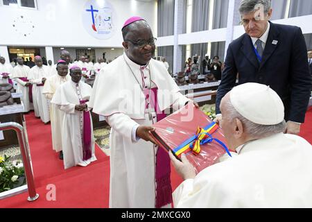 Republic of Congo. 03/02/2023, Pope Francis meets with the country’s Bishops at the headquarters of the National Bishops’ Conference (CENCO) in Kinshasa on February 3, 2023, fourth day of his visit to the Democratic Republic of Congo. Photo by (EV) Vatican Media/ ABACAPRESS.COM Stock Photo