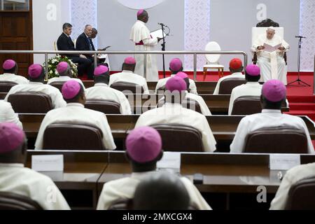 Republic of Congo. 03/02/2023, Pope Francis meets with the country’s Bishops at the headquarters of the National Bishops’ Conference (CENCO) in Kinshasa on February 3, 2023, fourth day of his visit to the Democratic Republic of Congo. Photo by (EV) Vatican Media/ ABACAPRESS.COM Stock Photo