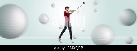 Collage. Young man in red T-shirt playing golf, hitting ball with golf club over light background with many balls Stock Photo