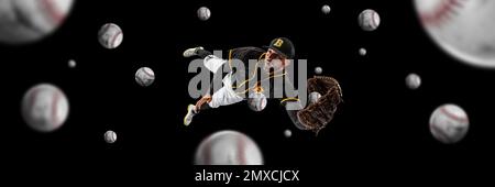 Collage. Man, professional baseball player catching ball with glove in a jump over black background with may balls Stock Photo
