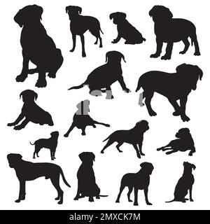 Boxer dog silhouettes, Boxer dog animal silhouette collection. Stock Vector