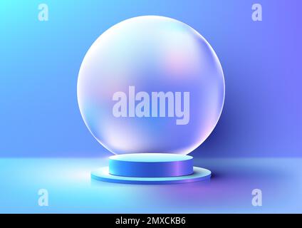 3D realistic empty blue podium pedesta stand with circle holographic backdrop on blue background. You can use for product presentation, cosmetic displ Stock Vector