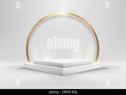 3D realistic empty white box podium or pedestal stand product display with golden circleand lighting effect on clean background. You can use for cosme Stock Vector