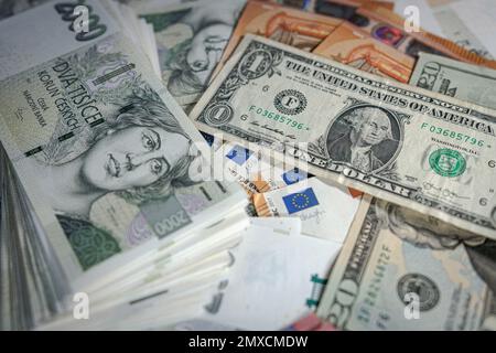 euro and czech crown and dollar banknotes of different value, in Prague, Czech Republic, January 30, 2023. (CTK Photo/Martin Macak Gregor) Stock Photo