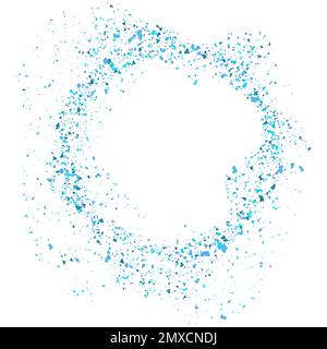 Bright explosion round frame of blue confetti. Abstract random grainy texturefor celebratory design, Christmas decorations, wedding theme, greeting ca Stock Vector