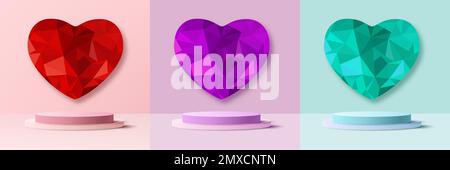 Set of 3D realistic white and pink, purple, blue colour podium platform pedestal stand with low polygon red heart shape symbol backdrop on pastel back Stock Vector