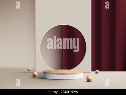 3D realistic luxury style empty wood grain top of white podium cylinder shape product display with circle and red curtain backdrop decoration golden b Stock Vector