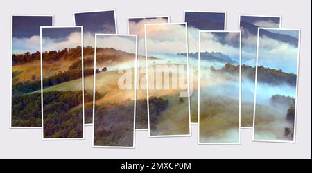 Isolated ten frames vintage collage of picture of foggy mountain valley. Amazing summer view of Carpathian mountains. Mock-up of modular photo. Stock Photo
