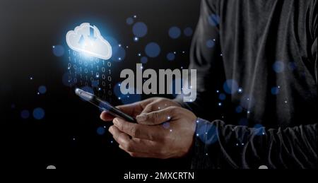 Cloud computing concept - connect to cloud. Businessman or information technologist click on cloud computing icon. Stock Photo
