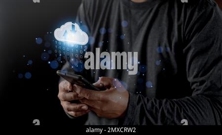 Cloud computing concept - connect to cloud. Businessman or information technologist click on cloud computing icon. Stock Photo