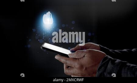 Cloud computing concept - connect to cloud. Businessman or information technologist click on cloud computing icon. Stock Photo