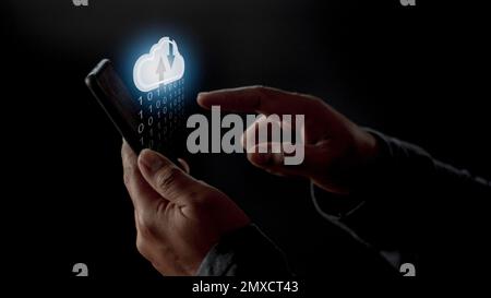 Cloud computing concept - connect to cloud. Businessman or information technologist click on cloud computing icon. Stock Photo