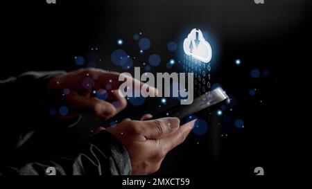 Cloud computing concept - connect to cloud. Businessman or information technologist click on cloud computing icon. Stock Photo