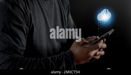 Cloud computing concept - connect to cloud. Businessman or information technologist click on cloud computing icon. Stock Photo