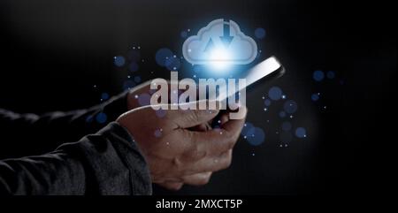 Cloud computing concept - connect to cloud. Businessman or information technologist click on cloud computing icon. Stock Photo