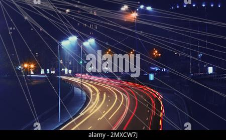 Night cityscape and network connection lines. Cloud technology Stock Photo