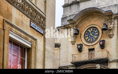 Corn Street and the clock of Christ Church and St Ewen in the old city of Bristol UK Stock Photo
