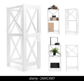 Set with wooden shelving units and different items on white background Stock Photo