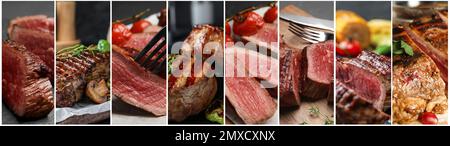 Collage with different photos of delicious grilled meat. Banner design Stock Photo