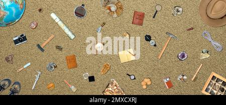 Topview of Set Fieldwork Geology Tools on Textured Background Stock Photo