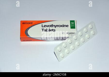 A Box of 28, 50mg Levothyroxine 'L-thyroxine' Tablets made by Accord to Treat Underactive Thyroid Gland, Thyroid Hormone Deficiency (Hypothyroidism) Stock Photo