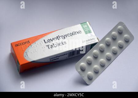 A Box of 28, 50mg Levothyroxine 'L-thyroxine' Tablets made by Accord to Treat Underactive Thyroid Gland, Thyroid Hormone Deficiency (Hypothyroidism) Stock Photo