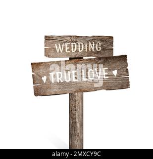 Wooden plaques with inscriptions Wedding and True Love isolated on white Stock Photo