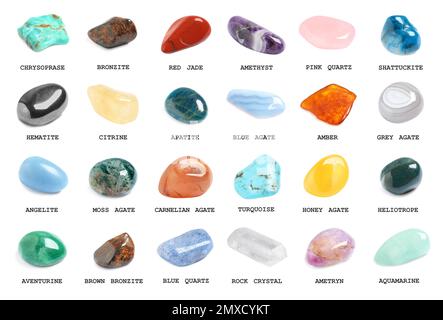 Collection of different gemstones on white background Stock Photo