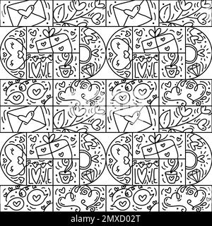 Valentines logo vector seamless pattern line love, envelope, cloud, heart and gift box. Hand drawn monoline constructor for romantic greeting card Stock Vector