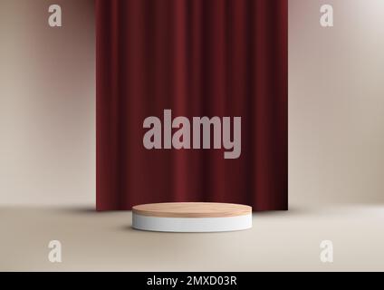 3D realistic luxury style empty wood grain top of white podium cylinder shape product display with red curtain backdrop on beige background. You can u Stock Vector