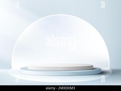 3D realistic empty blue and white podium cylinder shape product display with circle backdrop and lighting on minimal wall scene soft blue background. Stock Vector