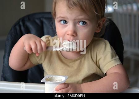 Young Kid Eating Blend Mashed Feed Sitting in High Chair. Baby Weaning. Little Girl Learning to Eat Yogurt, Feeding Himself. Small Hand with Spoon. Br Stock Photo